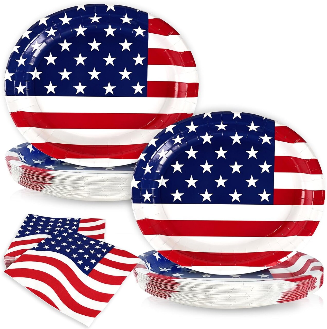 100PCS Heavy Duty Patriotic Oval Paper Plates & Napkins Set for 50 Guests – Red, White & Blue American Flag Disposable Tableware for 4th of July, Independence Day & Veterans Day Events
